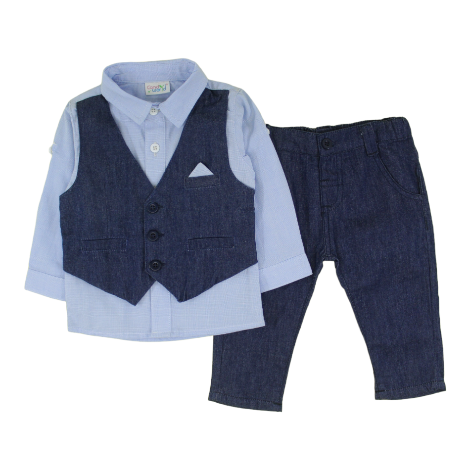 2 Pc Shirt With Attached Waist Coat And Pant Set - Blue