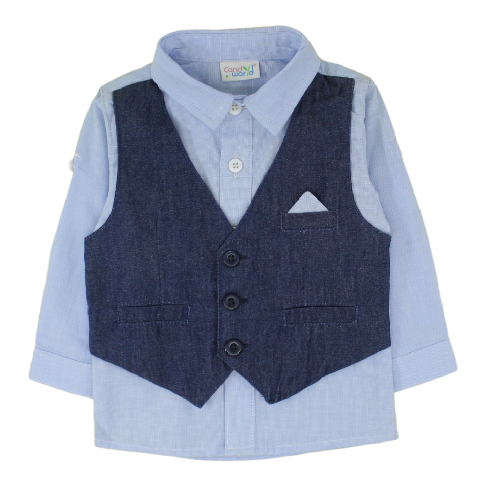 2 Pc Shirt With Attached Waist Coat And Pant Set - Blue