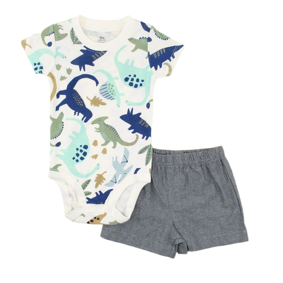 2 Pc Cotton Romper And Shorts Set - Dino