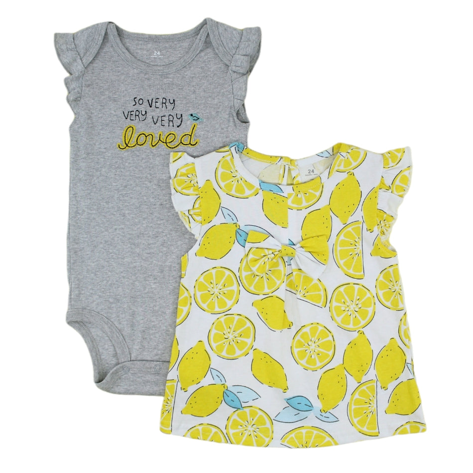 2 Pc Cotton Top And Romper Set - Loved/Lemon