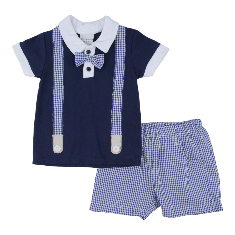 Wonderchild 2 Pc Suspender Applique T-Shirt With Attached Bowtie And Shorts Set - Checks