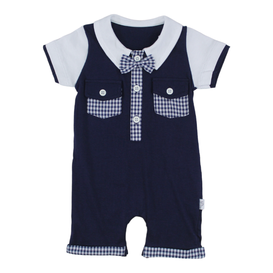 Jolly Joy Polo Romper With Attached Bowtie - Navy Checks