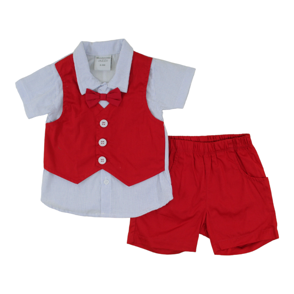 Wonderchild 2 Pc Shirt With Attached Waistcoat & Bowtie And Shorts Set - Blue Stripes