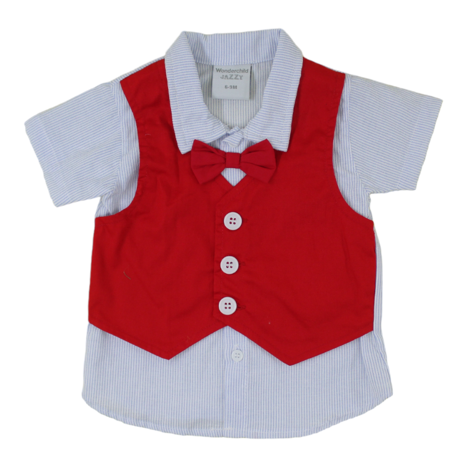 Wonderchild 2 Pc Shirt With Attached Waistcoat & Bowtie And Shorts Set - Blue Stripes