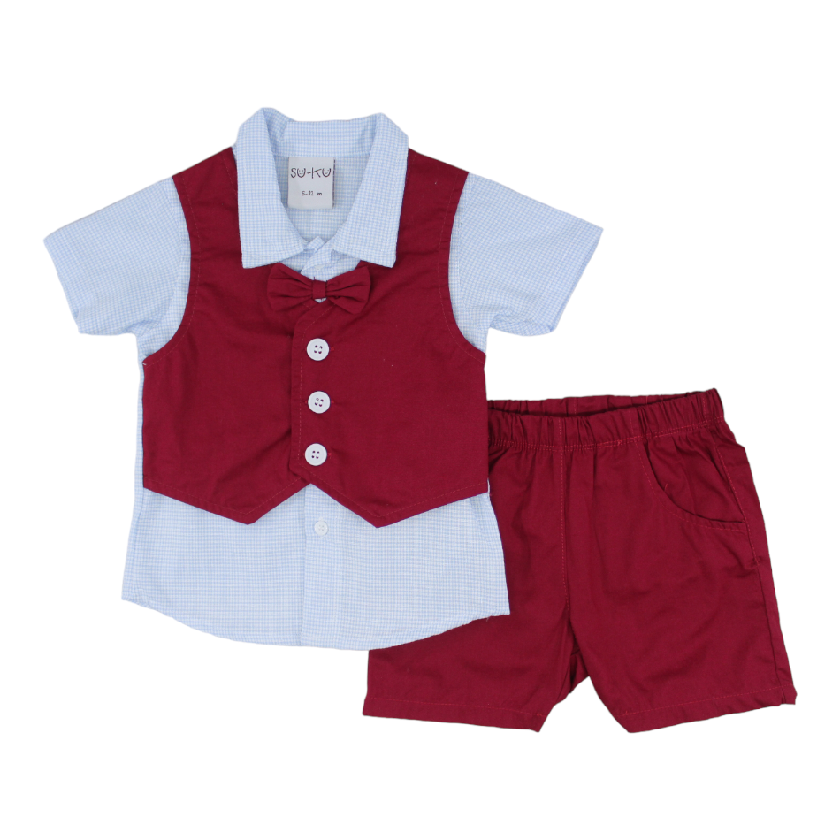 2 Pc Shirt With Attached Waistcoat & Bowtie And Shorts Set - Blue Checks