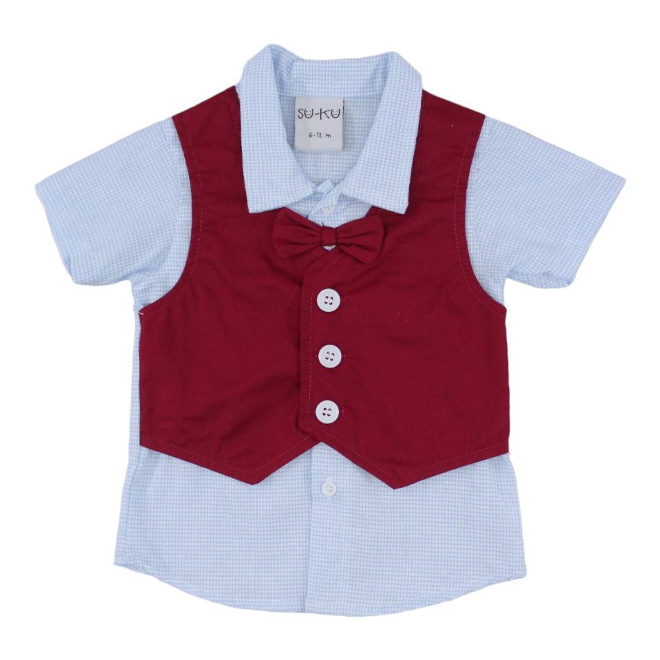 2 Pc Shirt With Attached Waistcoat & Bowtie And Shorts Set - Blue Checks