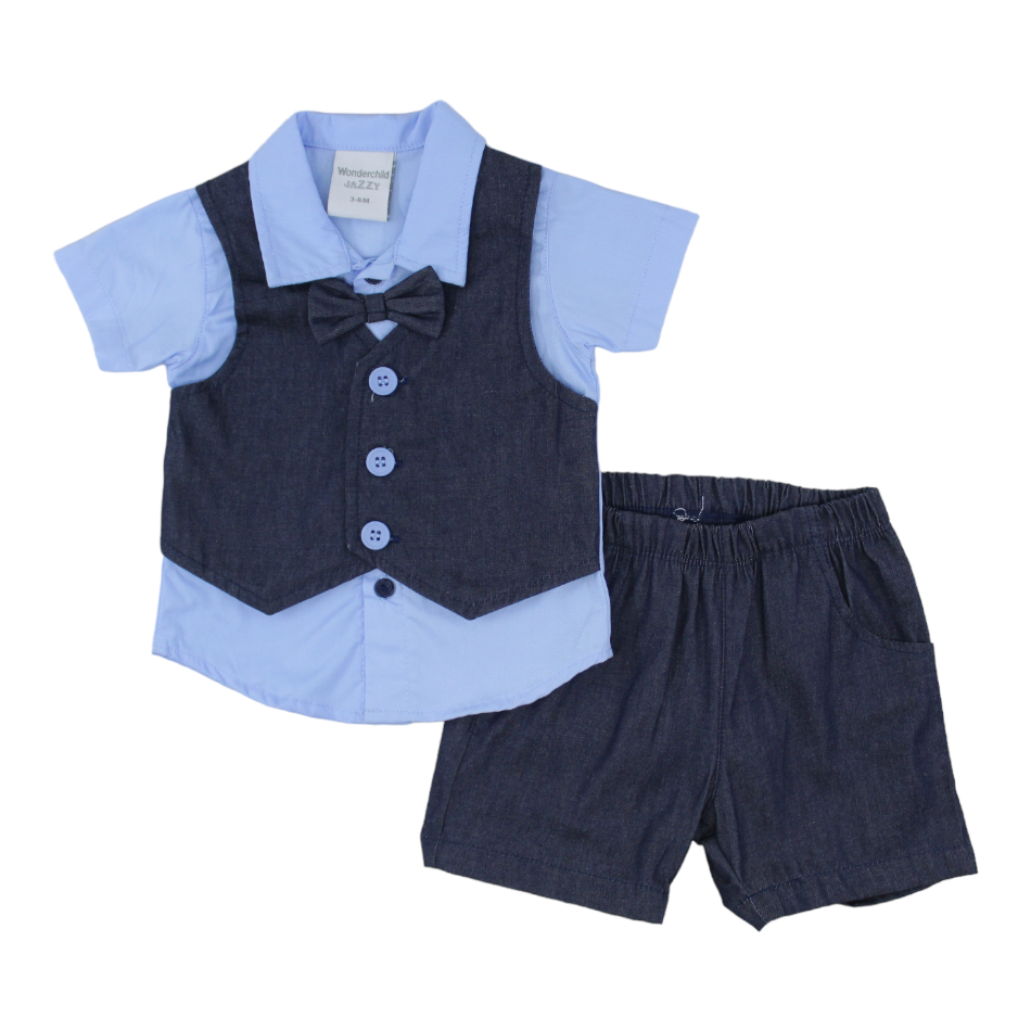 Wonderchild 2 Pc Shirt With Attached Waistcoat & Bowtie And Shorts Set - Blue