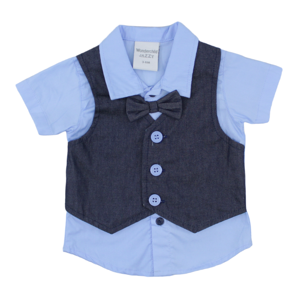 Wonderchild 2 Pc Shirt With Attached Waistcoat & Bowtie And Shorts Set - Blue