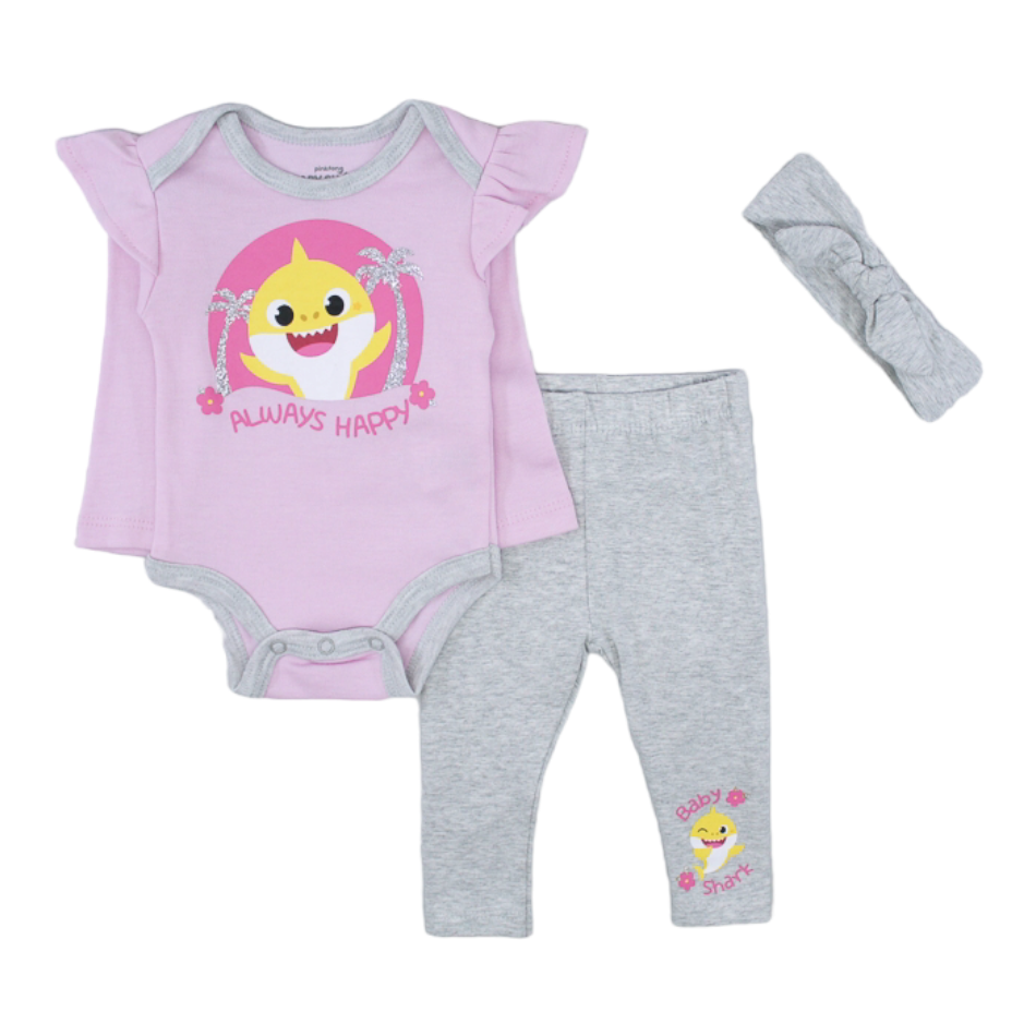 Pinkfong 3 Pc Bodysuit, Leggings And Headband Set - Baby Shark/Always Happy