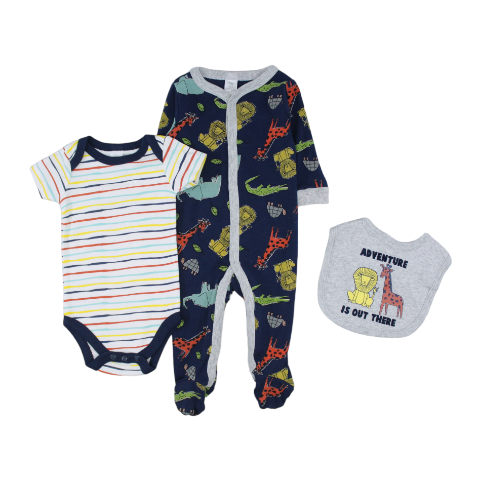 Baby Kiss 3 Pc Layette Set - Sleeper, Bodysuit & Bib - Adventure Is Out There