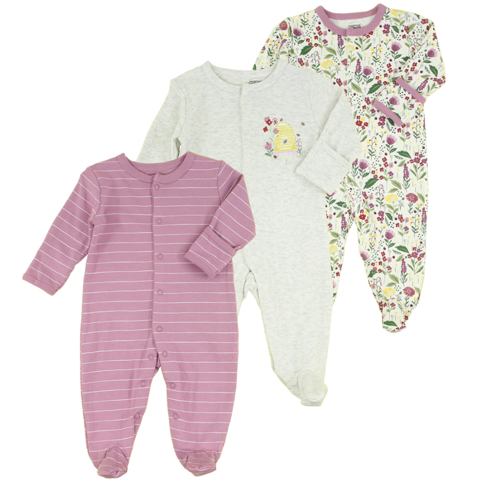 Mamas & Papas 3 Pk Cotton Footed Sleepers - Bee Floral
