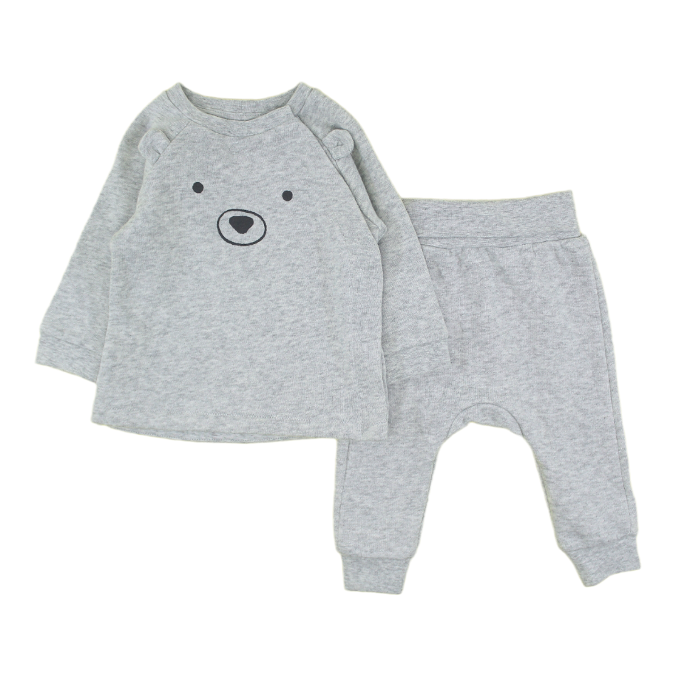 HM 2 Pc Fleece Lined Side Snap Shirt And Jogger Pants Set - Grey Bear