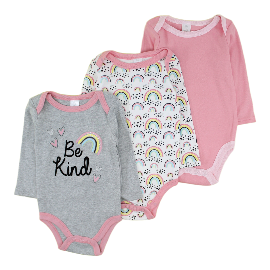 Baby Kiss 3 Pk Full Sleeves Cotton Bodysuits - Be Kind/Rainbow