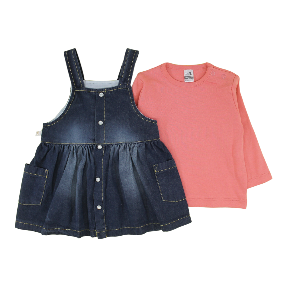 Baby Z Button Down Dungaree Dress With T-Shirt - Peach