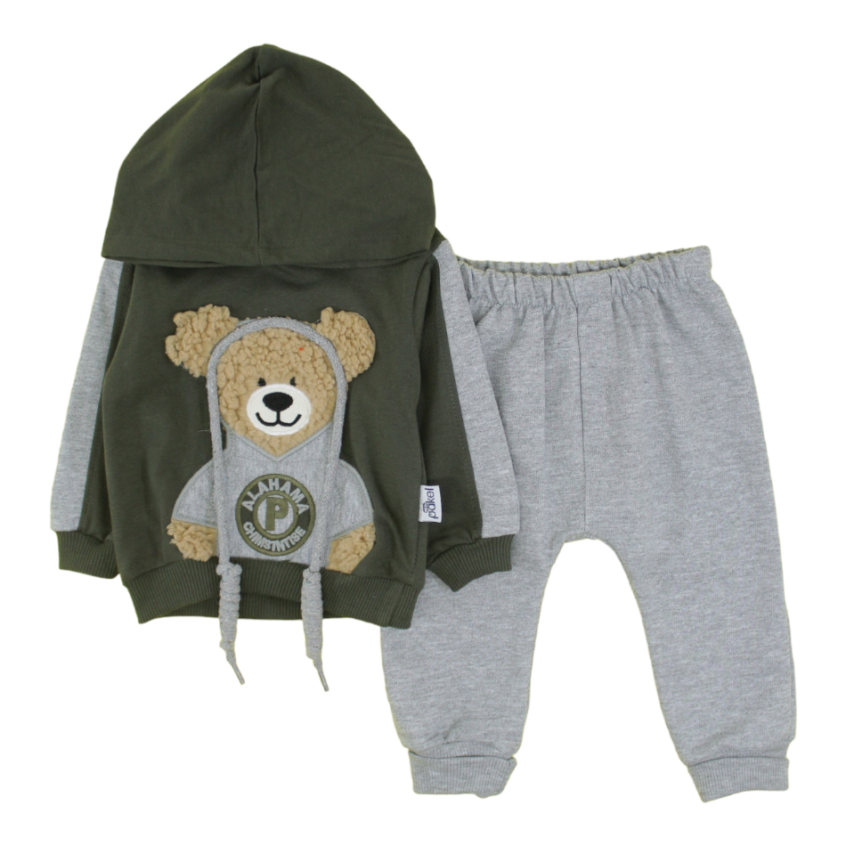 Mini Pakel 2 Pc Terry Hooded Sweatshirt And Jogger Pant Set - Green Bear