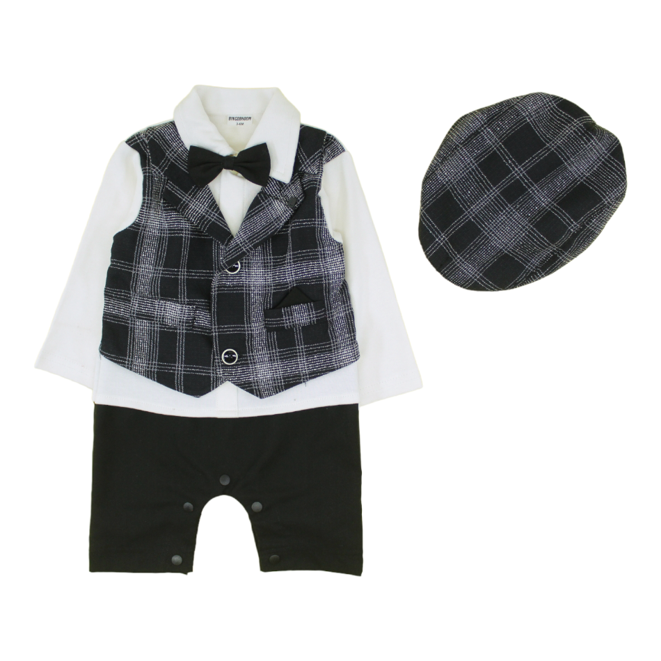 Bowtie Romper With Attached Waistcoat And Cap - Black Check