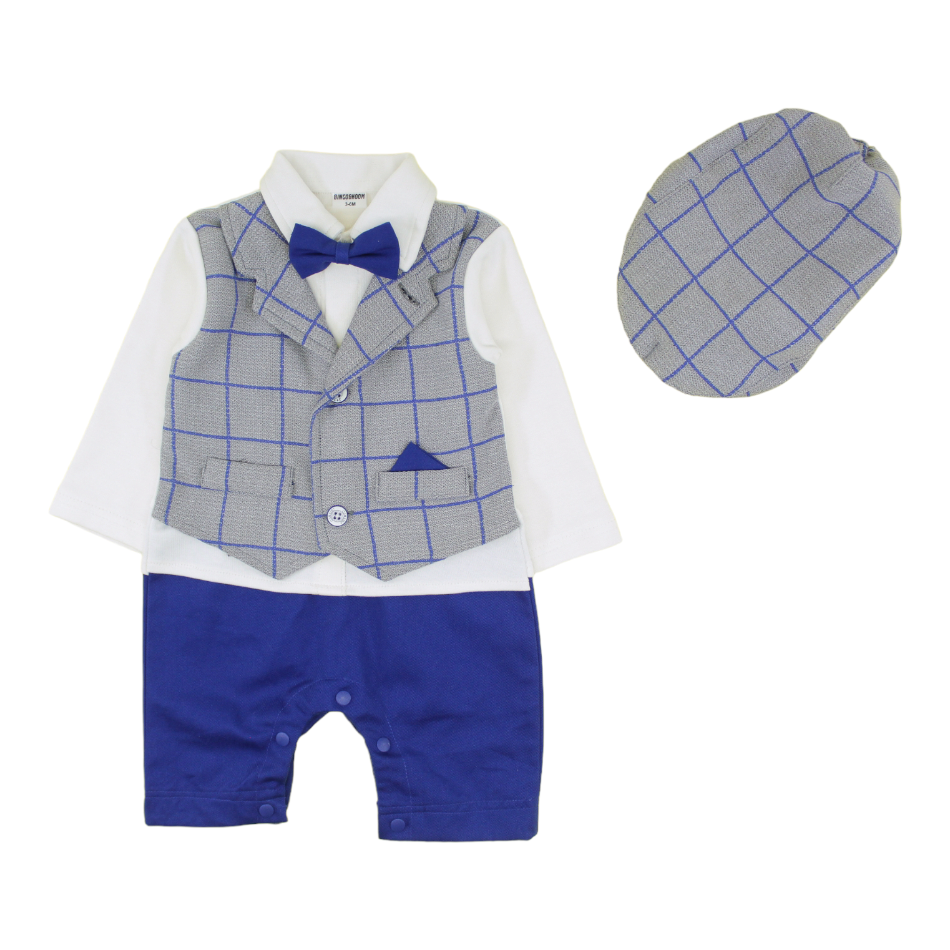 Bowtie Romper With Attached Waistcoat And Cap - Grey/Blue Check
