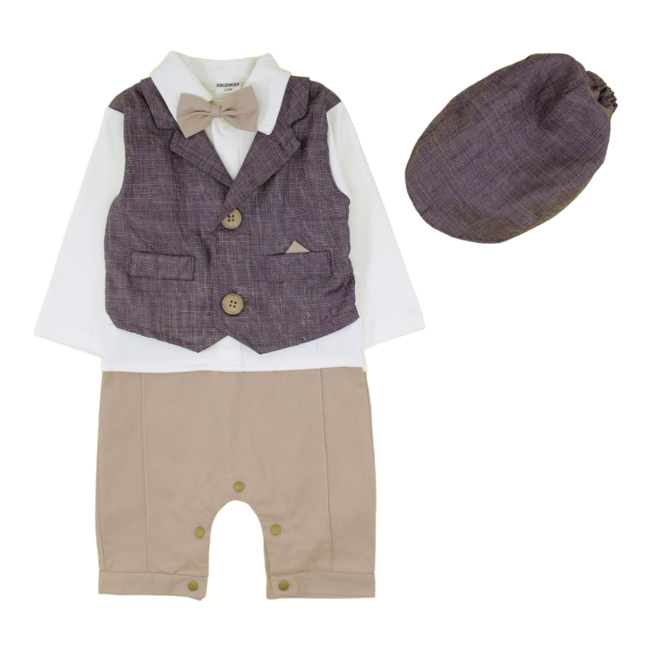 Bowtie Romper With Attached Waistcoat And Cap - Brown