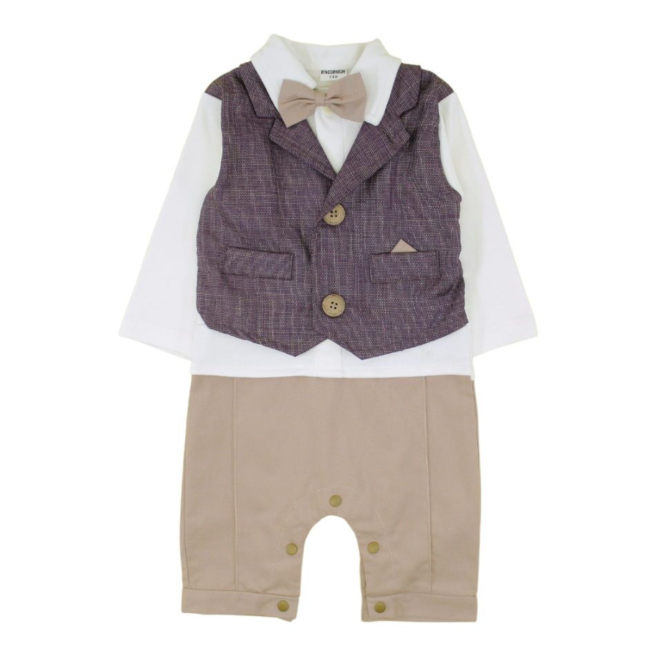 Bowtie Romper With Attached Waistcoat And Cap - Brown
