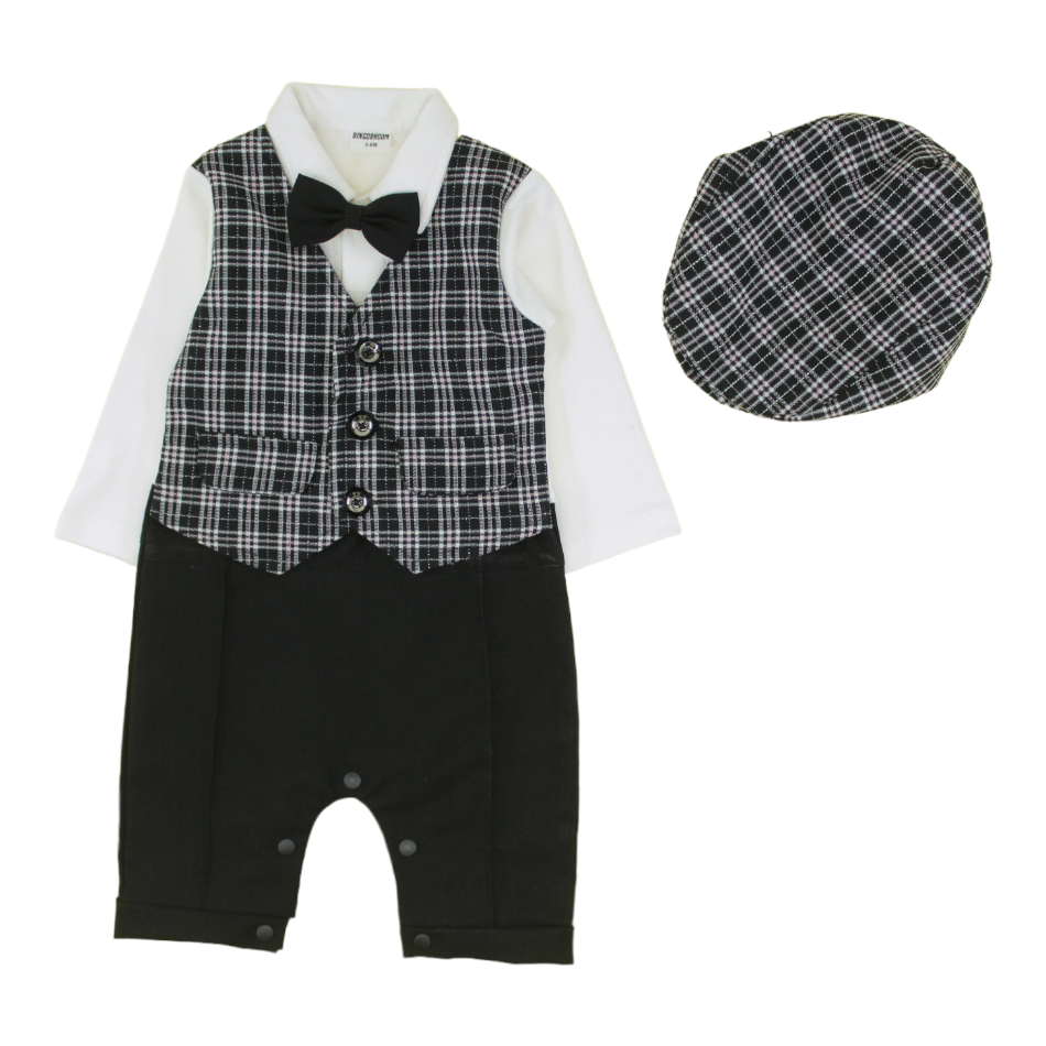 Bowtie Romper With Attached Waistcoat And Cap - Black/White Check