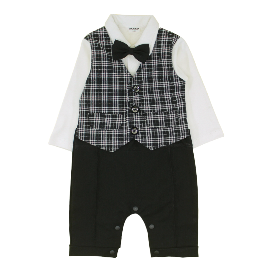 Bowtie Romper With Attached Waistcoat And Cap - Black/White Check