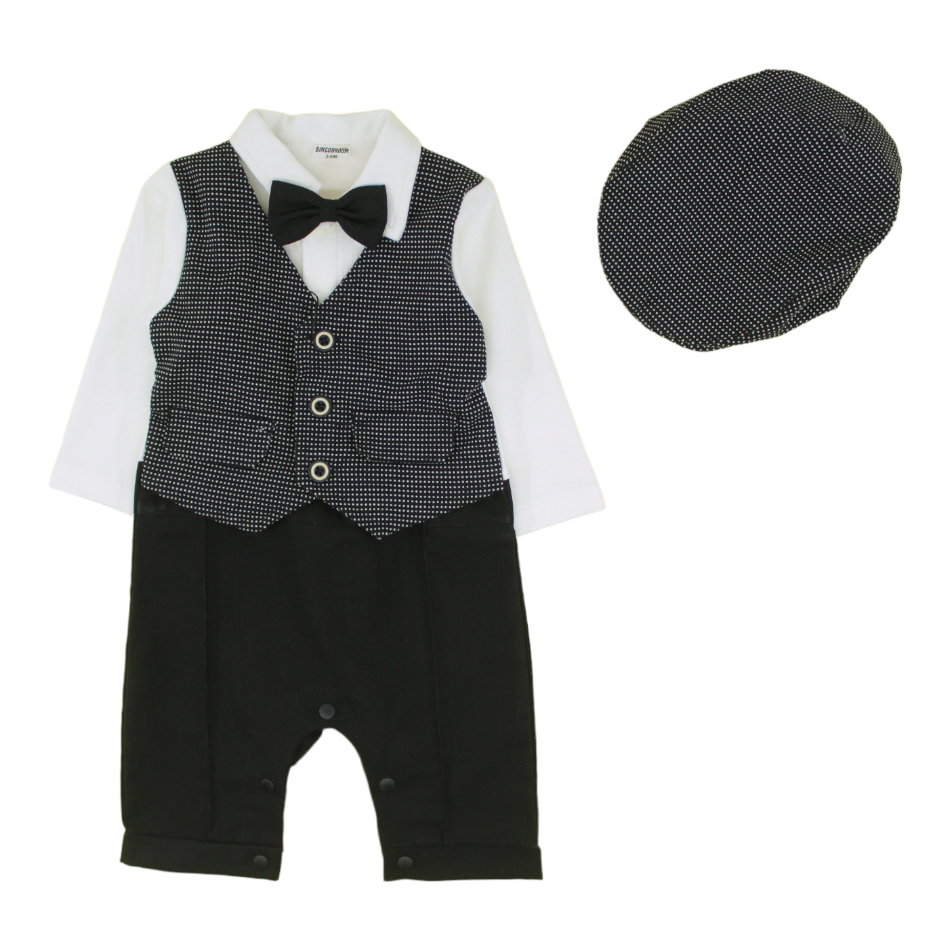 Bowtie Romper With Attached Waistcoat And Cap - Black Dots