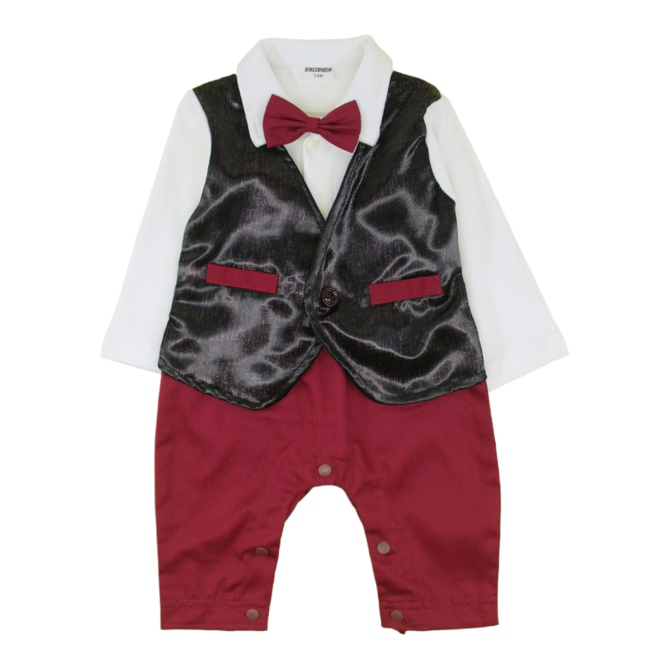 Bowtie Romper With Attached Waistcoat And Cap - Maroon