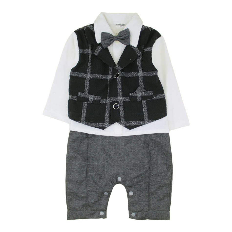 Bowtie Romper With Attached Waistcoat And Cap - Grey/Black Check