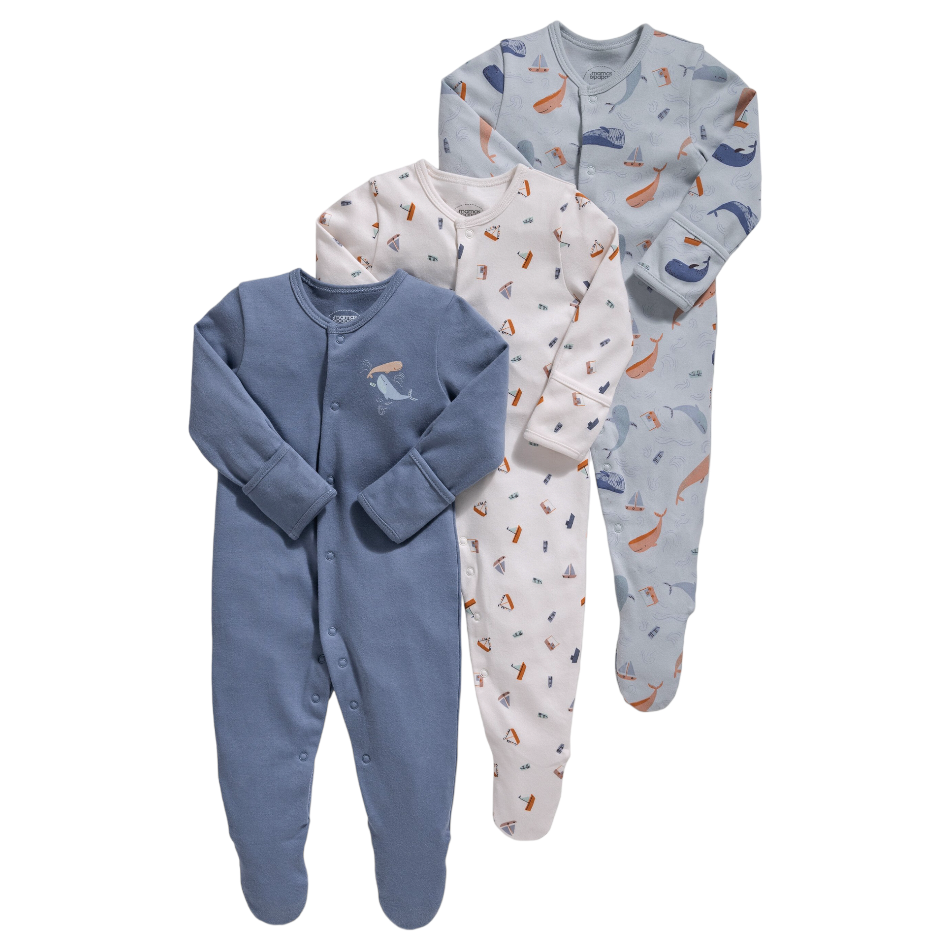 Mamas & Papas 3 Pk Cotton Footed Sleepers - Whales