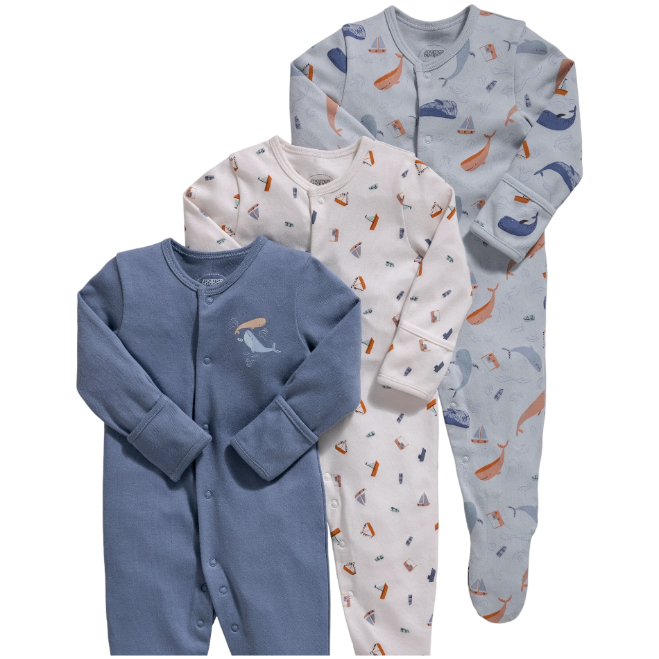 Mamas & Papas 3 Pk Cotton Footed Sleepers - Whales