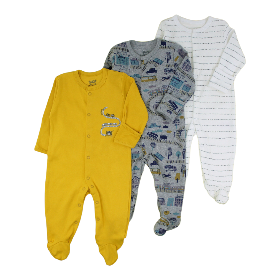 Mamas & Papas 3 Pk Cotton Footed Sleepers - Vehicles